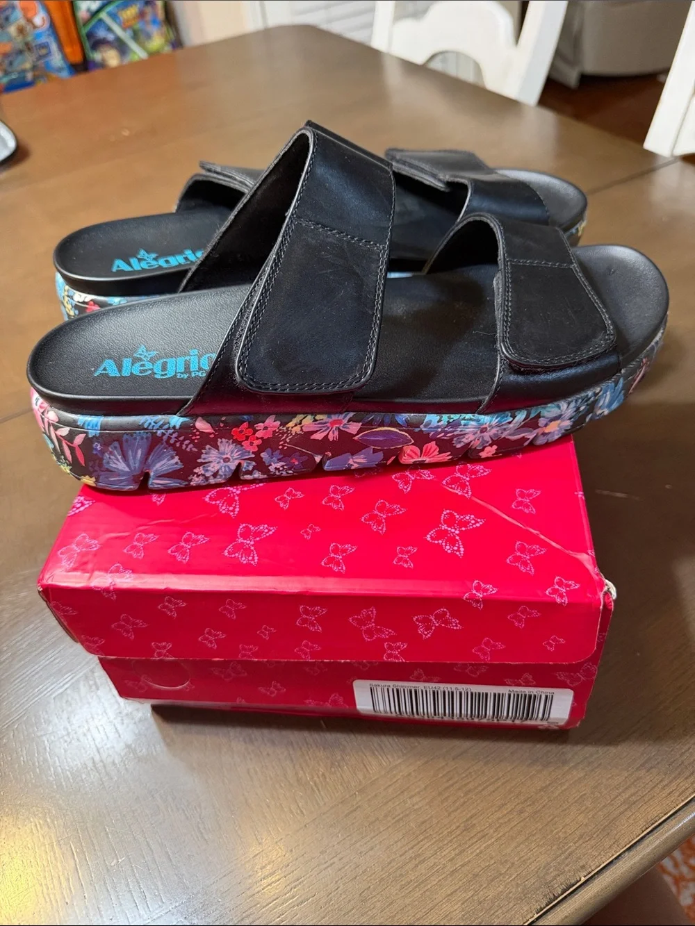 Alegria Kids Black Slide Sandals with Multicolor Floral Platform